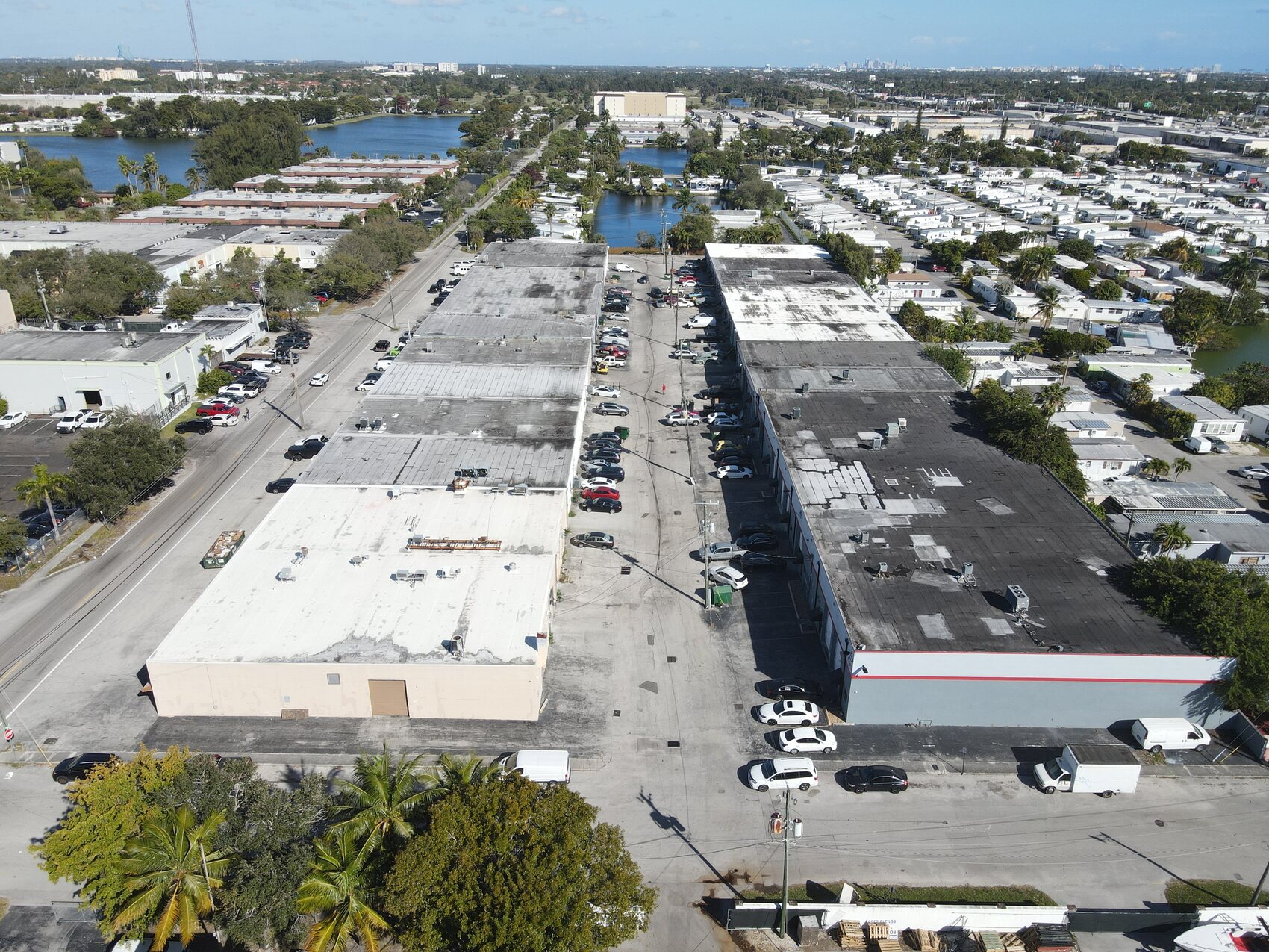 The Town's industrial and logistics core west of I-95 — the roughly 450-acre business cluster that anchors its tax base. Aerial, BusinessFlare®.